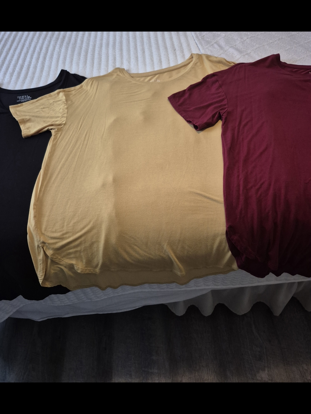 3- Casual Solid Crewneck Tee Trio - Mustard, Burgundy, Black - Picture 2 of 4